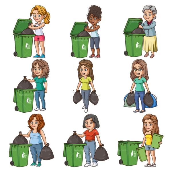 Women taking out trash. PNG - JPG and infinitely scalable vector EPS - on white or transparent background.