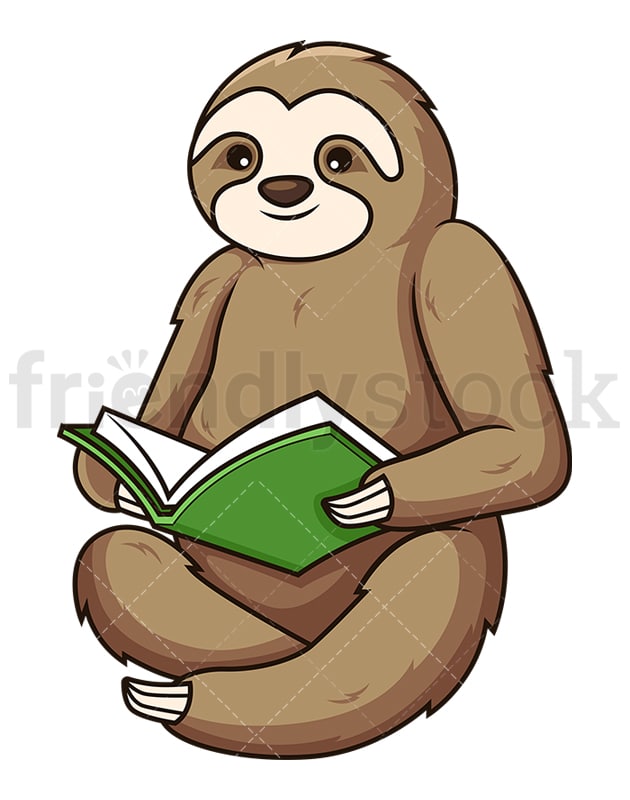 Sloth reading book. PNG - JPG and vector EPS (infinitely scalable).