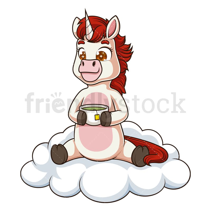 Unicorn on cloud drinking tea. PNG - JPG and vector EPS (infinitely scalable).