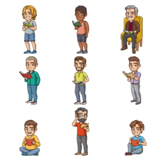 Cartoon men reading books. PNG - JPG and infinitely scalable vector EPS - on white or transparent background.