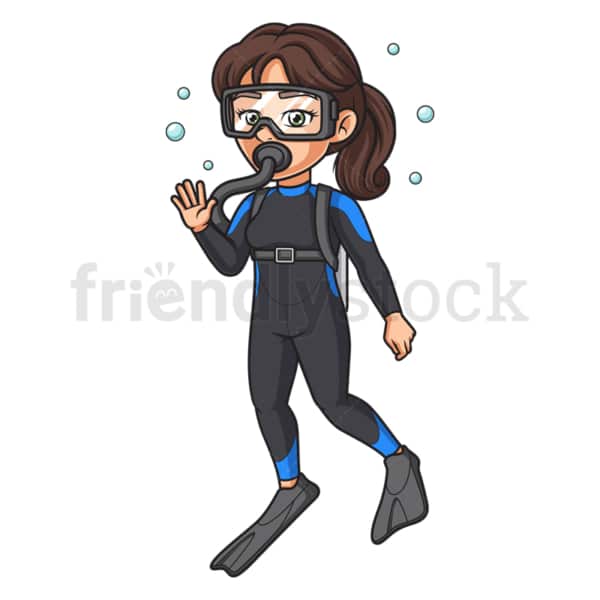 Female scuba diver waving. PNG - JPG and vector EPS (infinitely scalable).