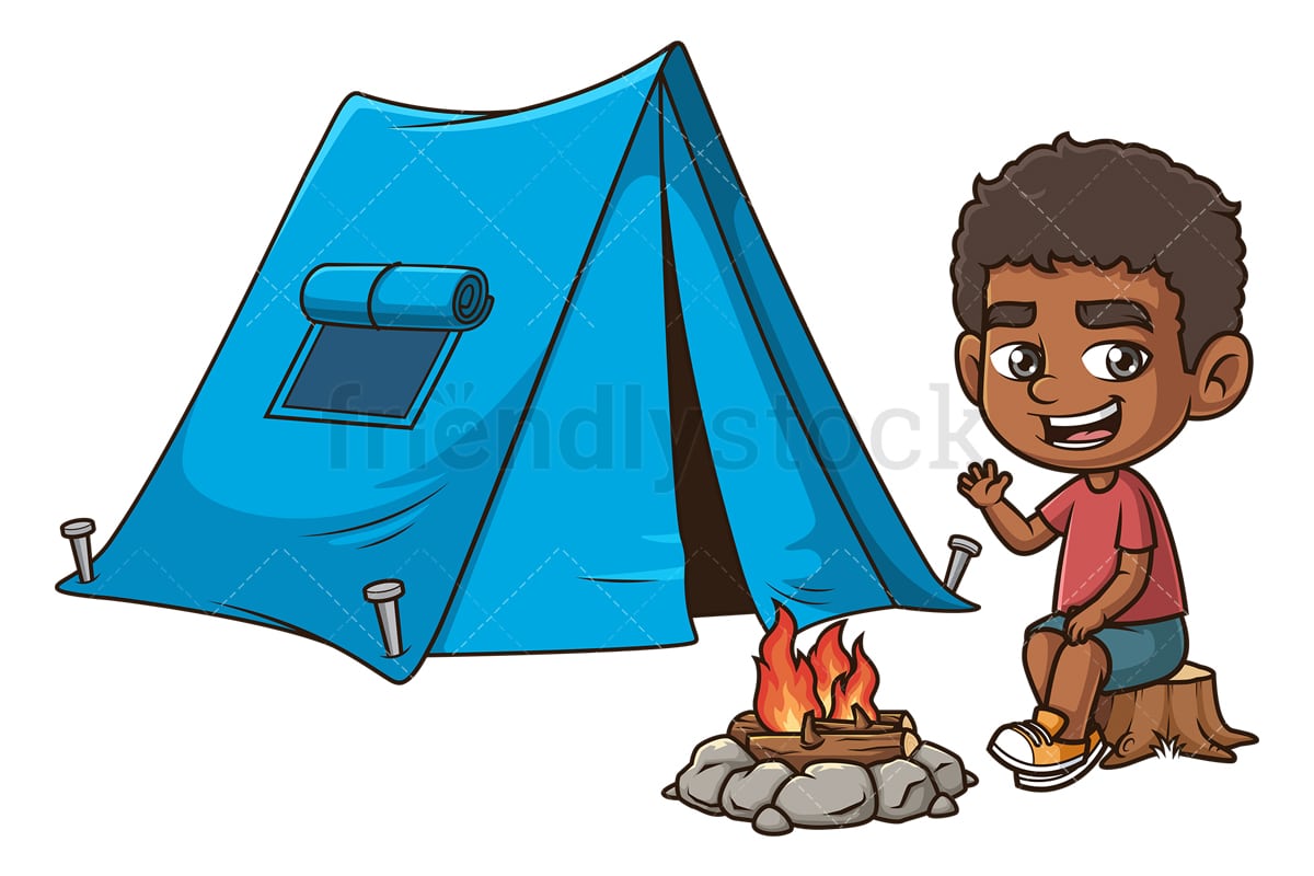 Black Boy Camping Cartoon Clipart Vector - FriendlyStock