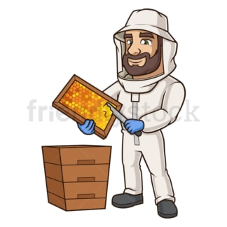 Beekeeper scraping honeycomb. PNG - JPG and vector EPS (infinitely scalable).