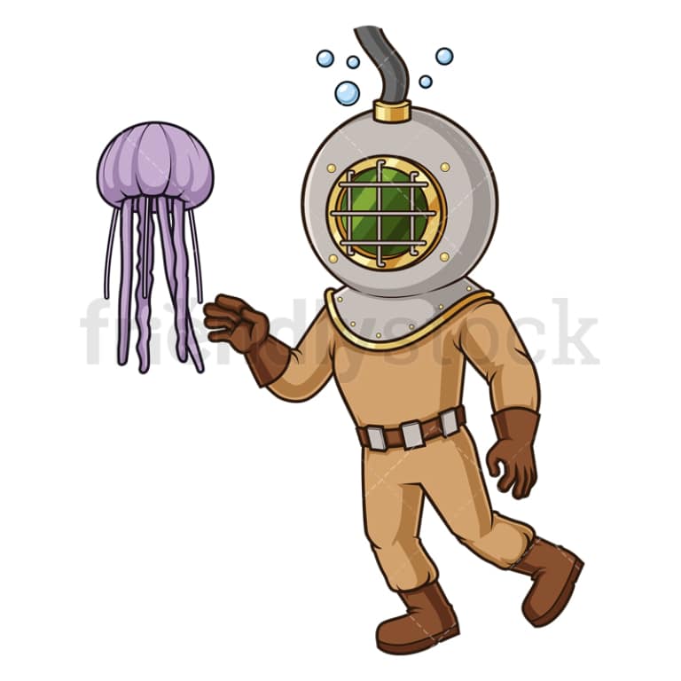 Deep Sea Diver With Jellyfish Cartoon Clipart Vector FriendlyStock