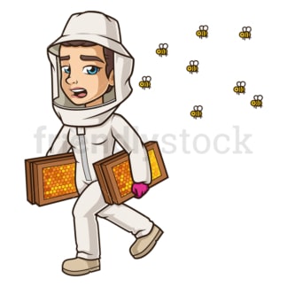 Female beekeeper attacked by bees. PNG - JPG and vector EPS (infinitely scalable).