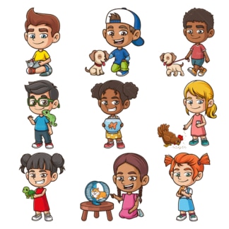 Cartoon kids with their pets. PNG - JPG and infinitely scalable vector EPS - on white or transparent background.