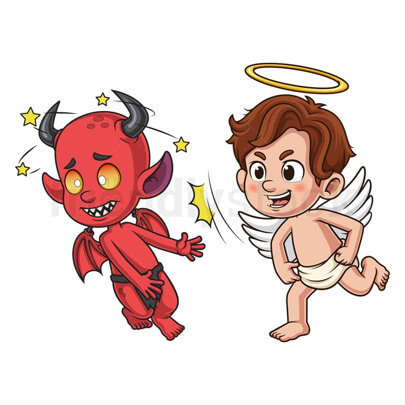 Cartoon Angel Punching Demon Vector Stock Clip Art Illustration -  FriendlyStock