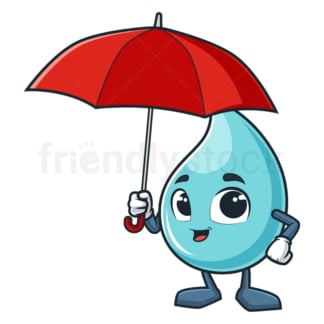 Cartoon rain drop holds umbrella. PNG - JPG and vector EPS (infinitely scalable).