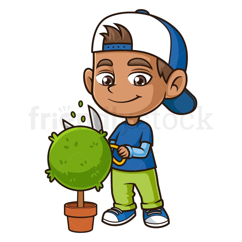 Hispanic boy trimming bush. PNG - JPG and vector EPS (infinitely scalable).