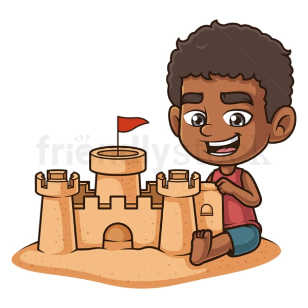Cartoon black boy building sandcastle. PNG - JPG and vector EPS (infinitely scalable).
