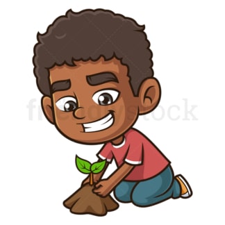 Cartoon black boy planting tree. PNG - JPG and vector EPS (infinitely scalable).
