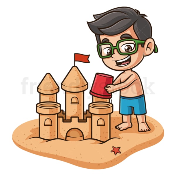 Cartoon kid building sandcastle. PNG - JPG and vector EPS (infinitely scalable).