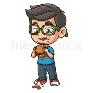 Cartoon kid getting dirty eating hamburger. PNG - JPG and vector EPS (infinitely scalable).