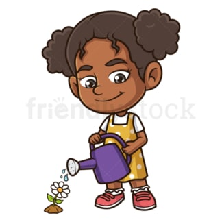 Black girl watering daisy flower. PNG - JPG and vector EPS (infinitely scalable).