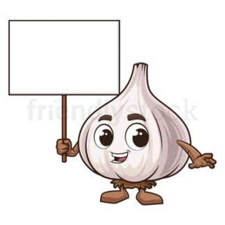 Cartoon garlic holding blank sign. PNG - JPG and vector EPS (infinitely scalable).
