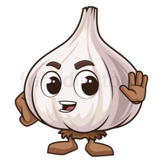 Cartoon garlic makes stop gesture. PNG - JPG and vector EPS (infinitely scalable).