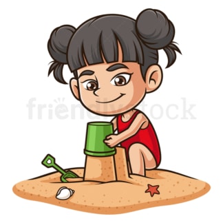 Cartoon asian girl building sandcastle. PNG - JPG and vector EPS (infinitely scalable).