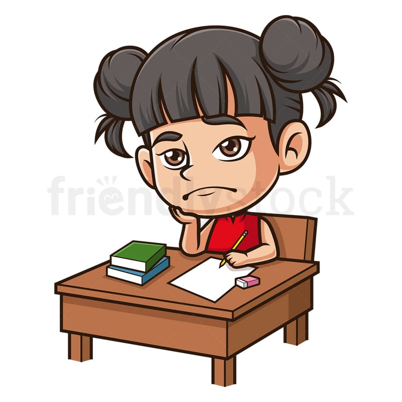 Cartoon Bored Girl Doing Homework Stock Vector Graphic - FriendlyStock