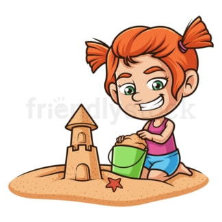 Ginger girl building sand castle. PNG - JPG and vector EPS (infinitely scalable).