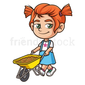 Girl moving dirt in wheelbarrow. PNG - JPG and vector EPS (infinitely scalable).