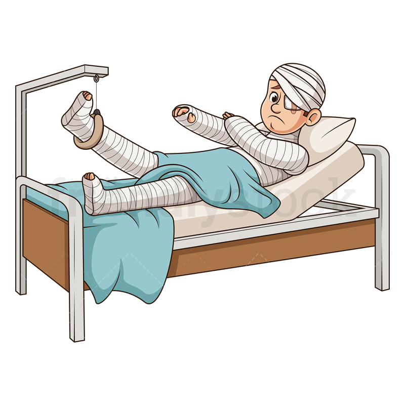 Heavily Injured Man In Hospital Bed Cartoon Clipart Vector - FriendlyStock