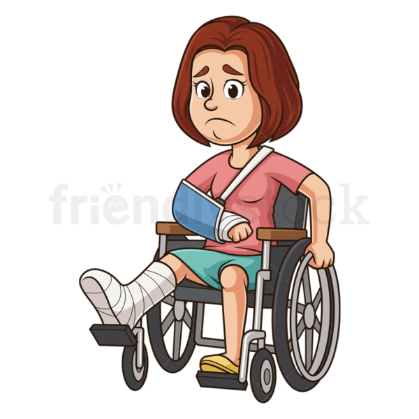 Cartoon injured woman in wheelchair. PNG - JPG and vector EPS (infinitely scalable).