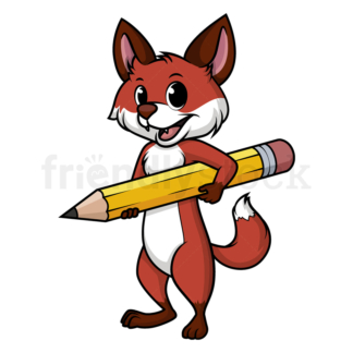Cartoon fox holding gigantic pencil. PNG - JPG and vector EPS (infinitely scalable).