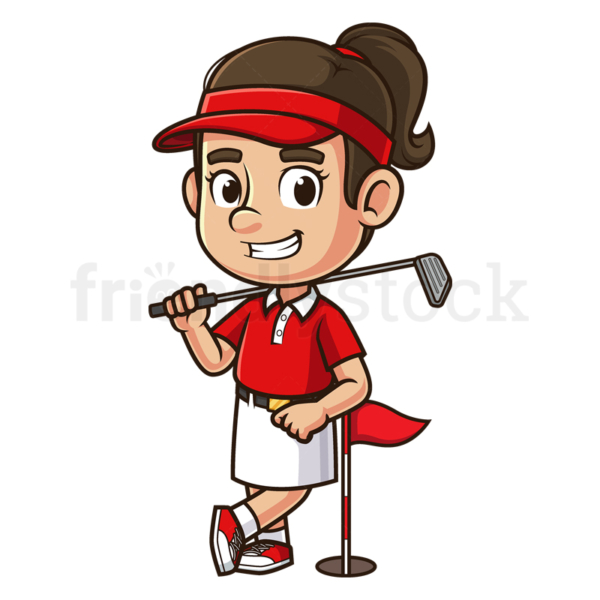 Cartoon woman holding golf glub over shoulder. PNG - JPG and vector EPS (infinitely scalable).
