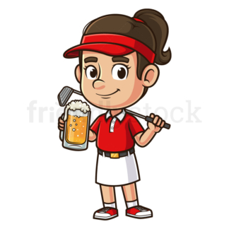 Female golf enthusiast holding beer. PNG - JPG and vector EPS (infinitely scalable).