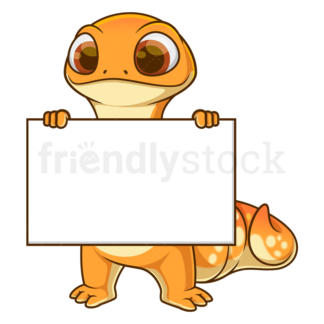 Cartoon gecko holding blank sign. PNG - JPG and vector EPS (infinitely scalable).
