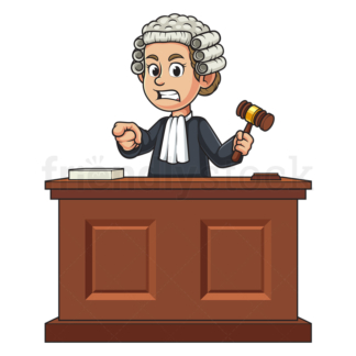 Mad female judge pointing while holding gavel. PNG - JPG and vector EPS (infinitely scalable).