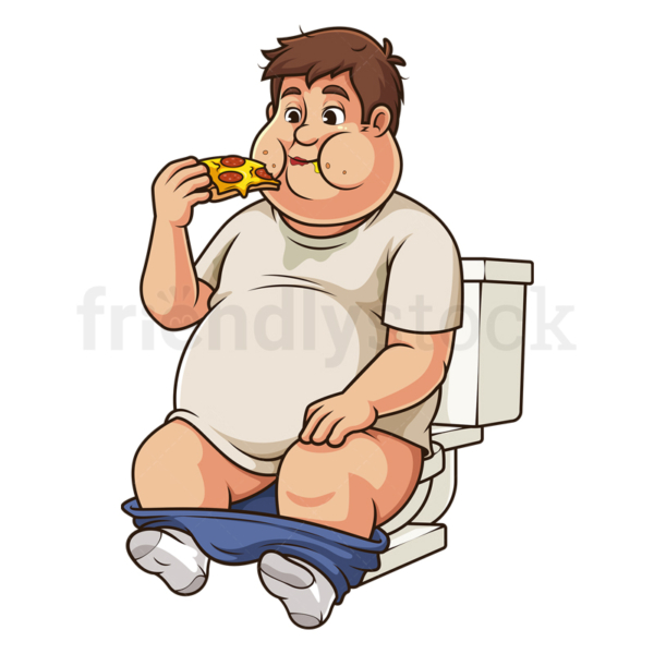 Sloppy Man Eating Pizza While On Toilet Cartoon Clipart Vector