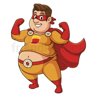 Cartoon overweight superhero flexing. PNG - JPG and vector EPS (infinitely scalable).