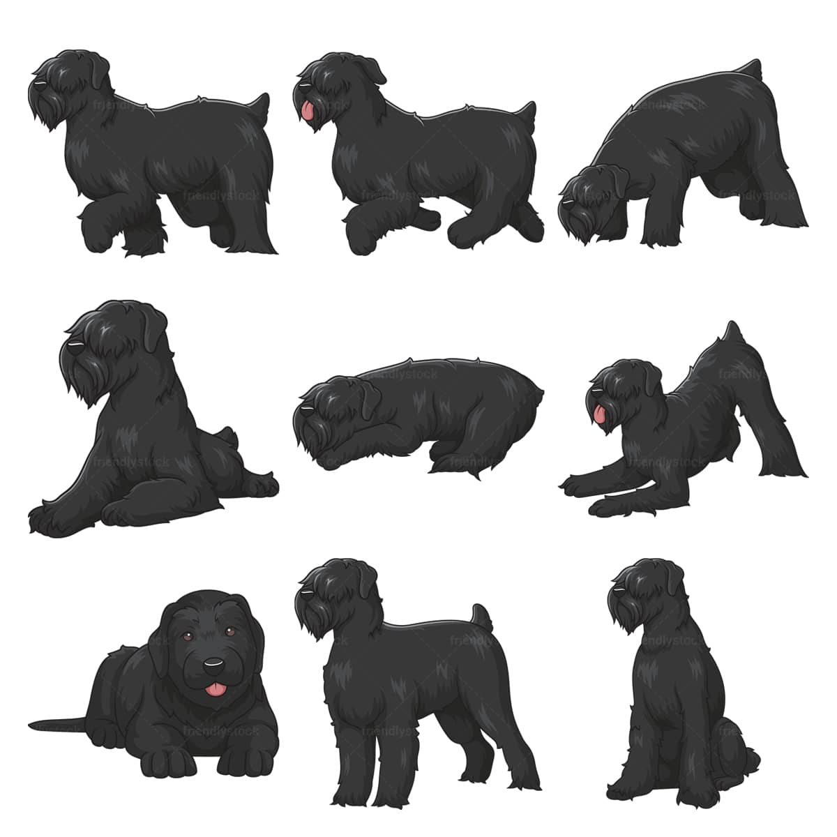 Cartoon black russian terrier dogs. PNG - JPG and infinitely scalable vector EPS - on white or transparent background.