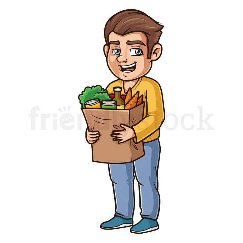 Chubby guy holding groceries. PNG - JPG and vector EPS (infinitely scalable).