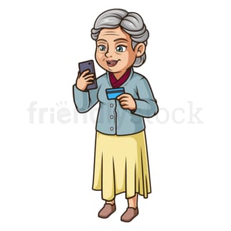 Old woman shopping on mobile phone. PNG - JPG and vector EPS (infinitely scalable).