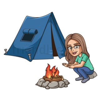 Cheerful girl camping. PNG - JPG and vector EPS (infinitely scalable).