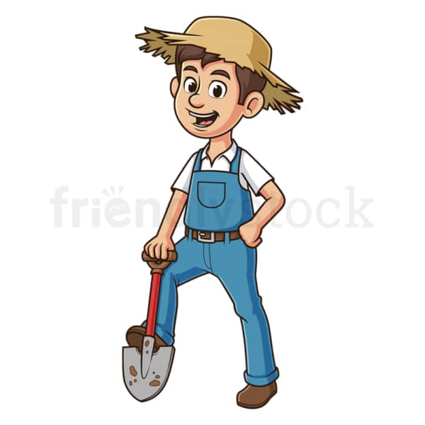 Cartoon farmer with foot on shovel. PNG - JPG and vector EPS file formats (infinitely scalable). Image isolated on transparent background.