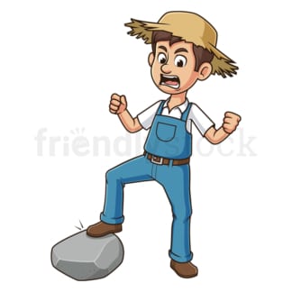 Cartoon angry farmer kicking stone. PNG - JPG and vector EPS file formats (infinitely scalable). Image isolated on transparent background.