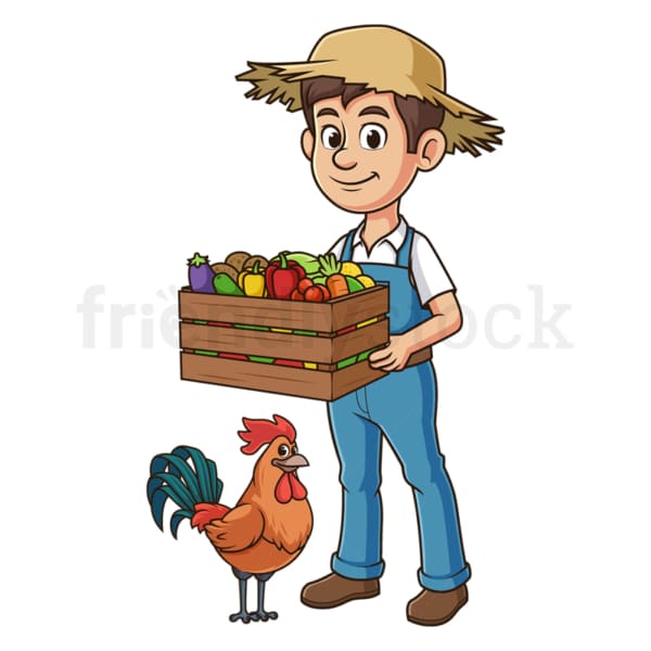 Cartoon Male Farmer Standing Next To Rooster Vector Clip Art ...