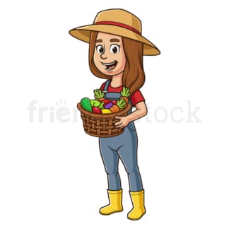 Cartoon female farmer holding vegetables. PNG - JPG and vector EPS file formats (infinitely scalable). Image isolated on transparent background.