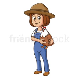Cartoon female farmer holding hen. PNG - JPG and vector EPS file formats (infinitely scalable). Image isolated on transparent background.