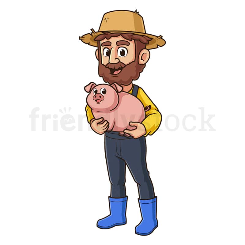 Cartoon male farmer holding pig in his arms. PNG - JPG and vector EPS file formats (infinitely scalable). Image isolated on transparent background.