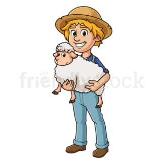 Cartoon male farmer holding sheep in his arms. PNG - JPG and vector EPS file formats (infinitely scalable). Image isolated on transparent background.
