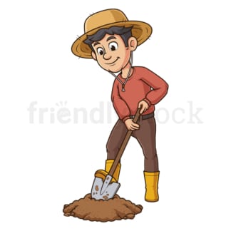 Cartoon male farmer using shovel to dig hole. PNG - JPG and vector EPS file formats (infinitely scalable). Image isolated on transparent background.