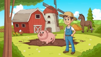 Pig in mud with farmer in rural farm. PNG - JPG and vector EPS file formats (infinitely scalable). Image isolated on transparent background.