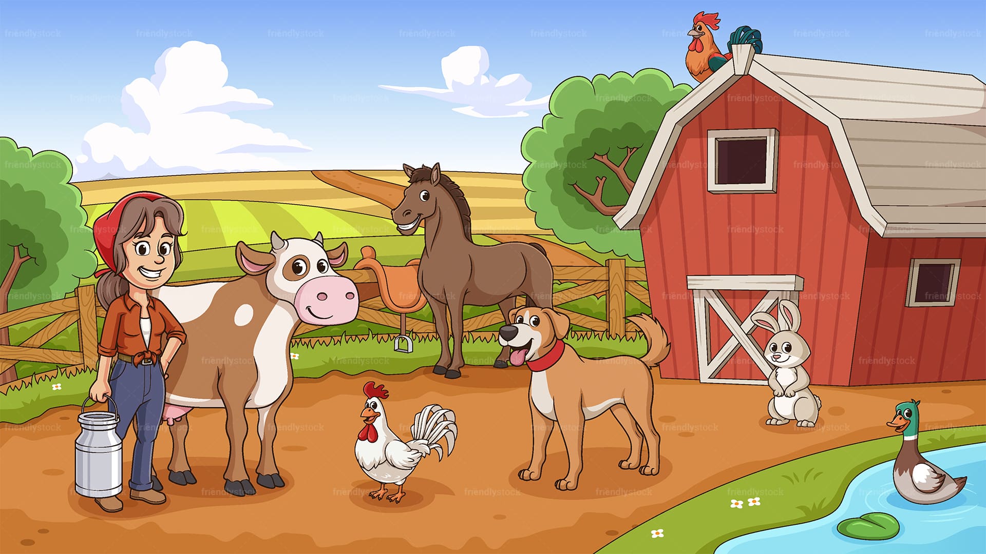 Female farmer with barn animals. PNG - JPG and vector EPS file formats (infinitely scalable). Image isolated on transparent background.