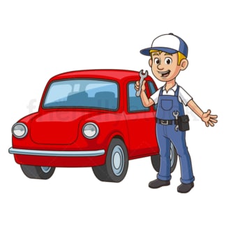 Cartoon mechanic next to car. PNG - JPG and vector EPS file formats (infinitely scalable). Image isolated on transparent background.