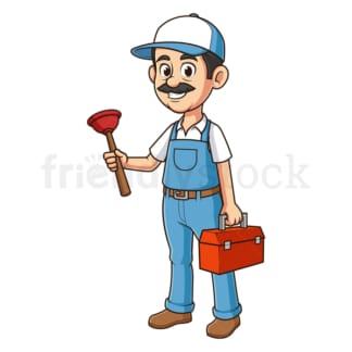 Cartoon plumber holding toilet plunger. PNG - JPG and vector EPS file formats (infinitely scalable). Image isolated on transparent background.