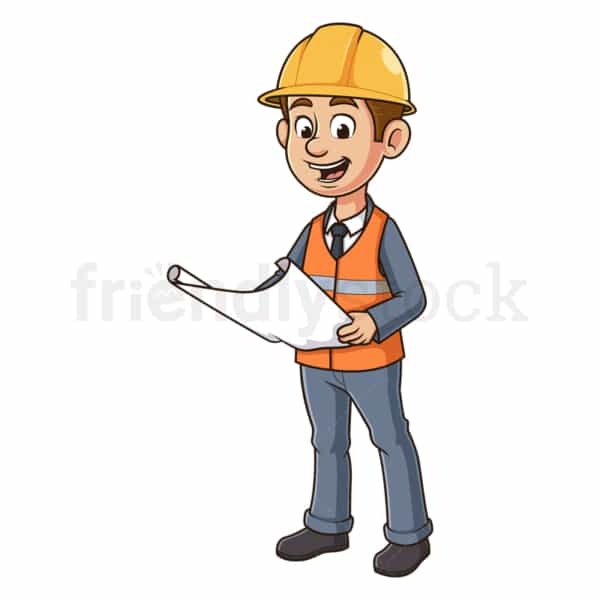 Cartoon engineer reviewing plans. PNG - JPG and vector EPS file formats (infinitely scalable). Image isolated on transparent background.